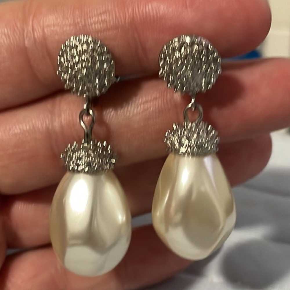 CATHE Earrings Clip On Faux Pearl Drop Silver Spi… - image 5