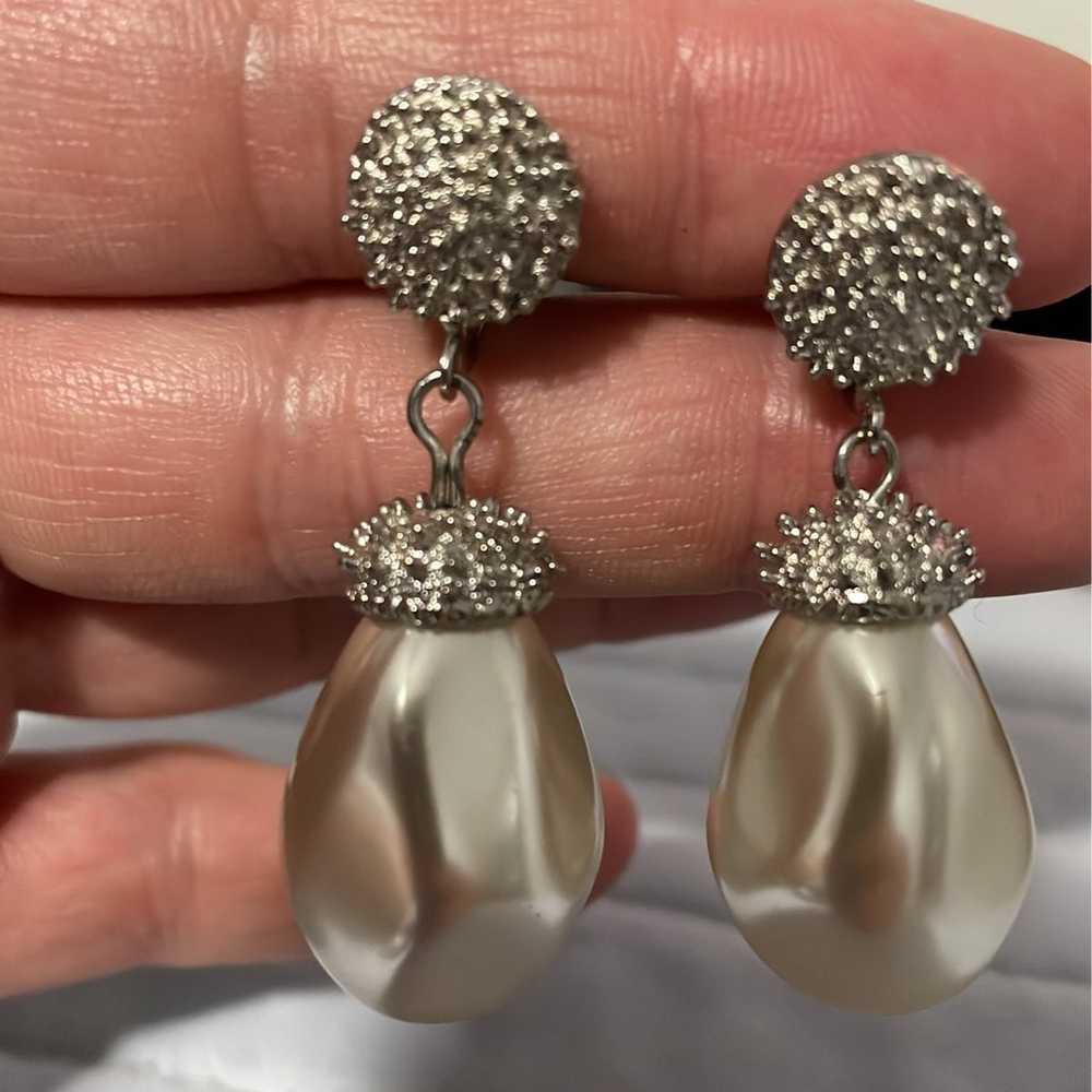 CATHE Earrings Clip On Faux Pearl Drop Silver Spi… - image 6