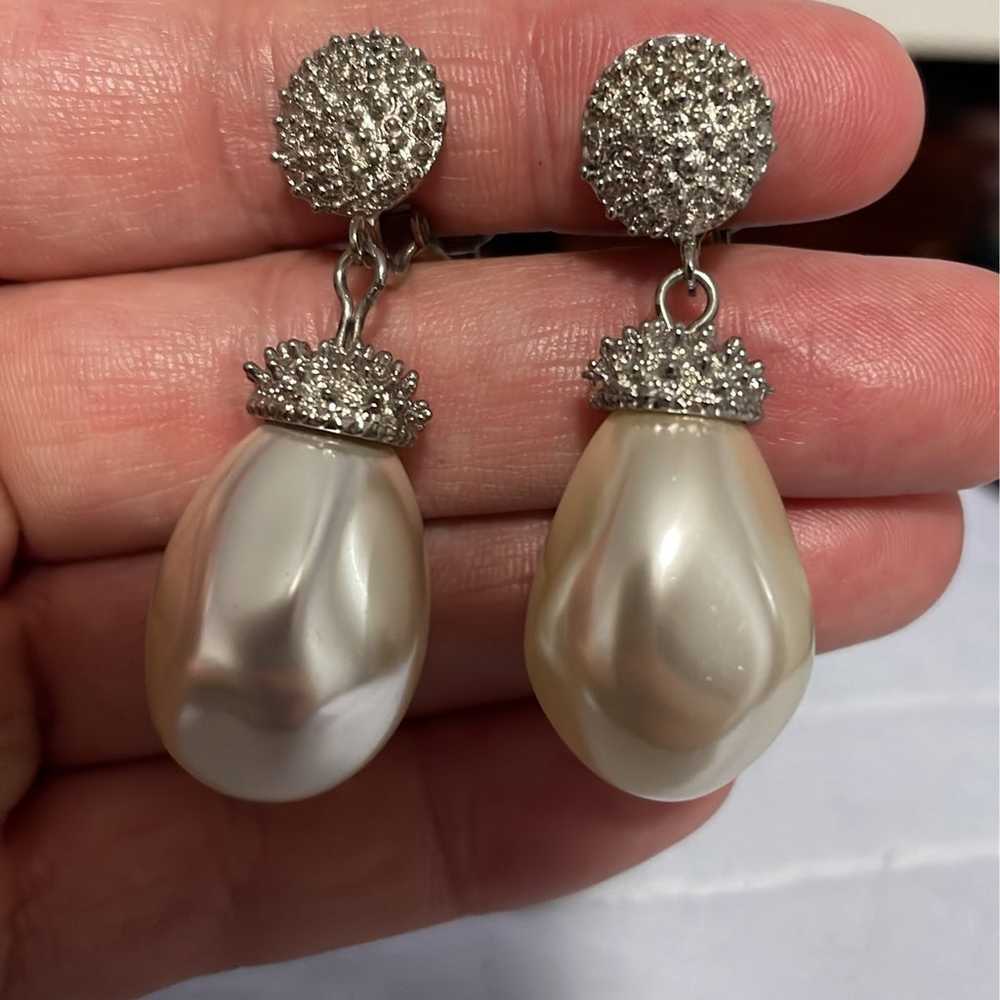 CATHE Earrings Clip On Faux Pearl Drop Silver Spi… - image 7