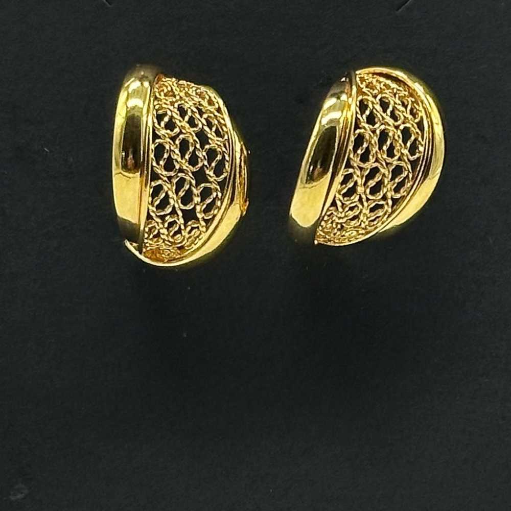 Gold Tone 1” Huggie Filigree Lace Hoop Earrings C… - image 1