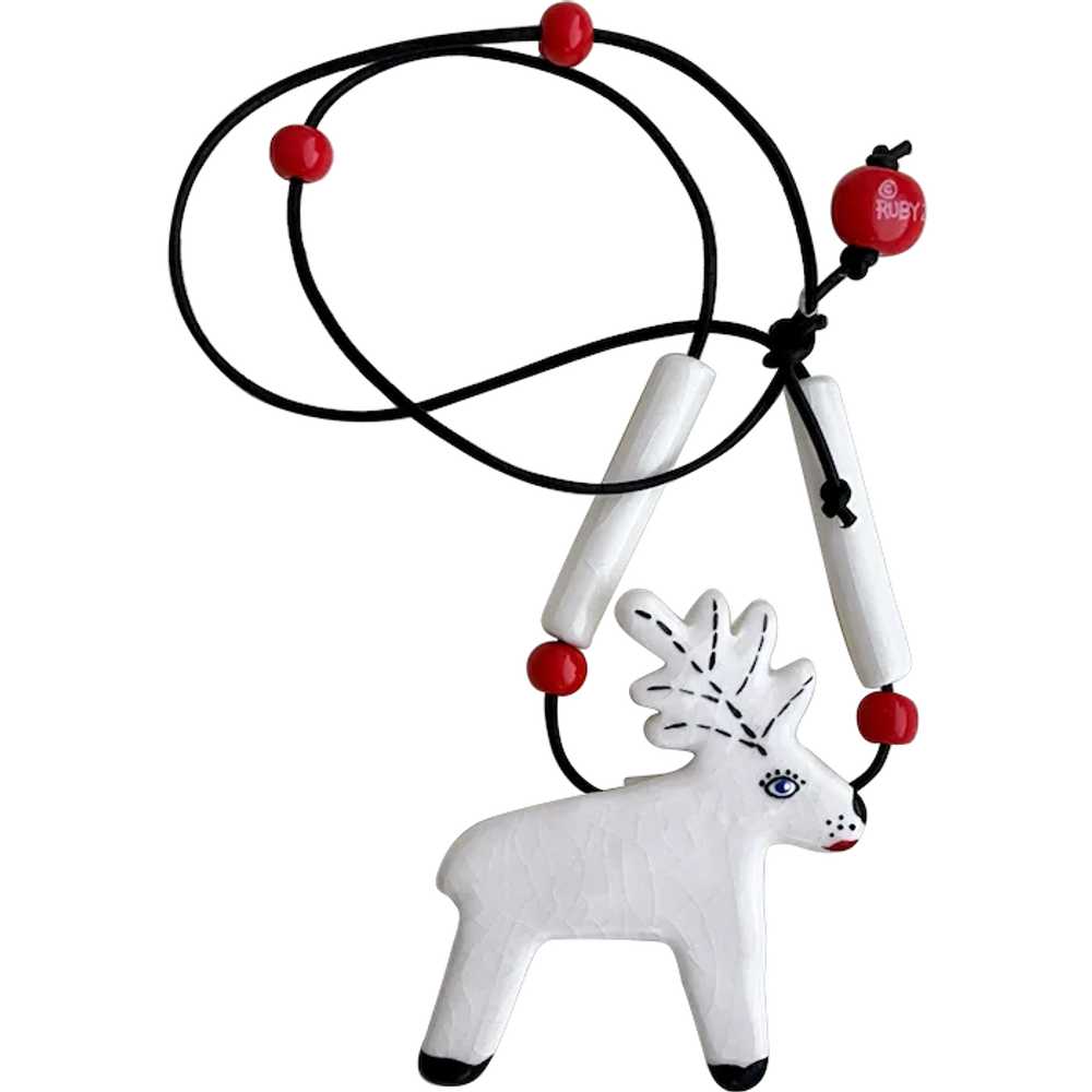 Vintage Ruby Z Ceramic Reindeer Pendant Necklace … - image 1
