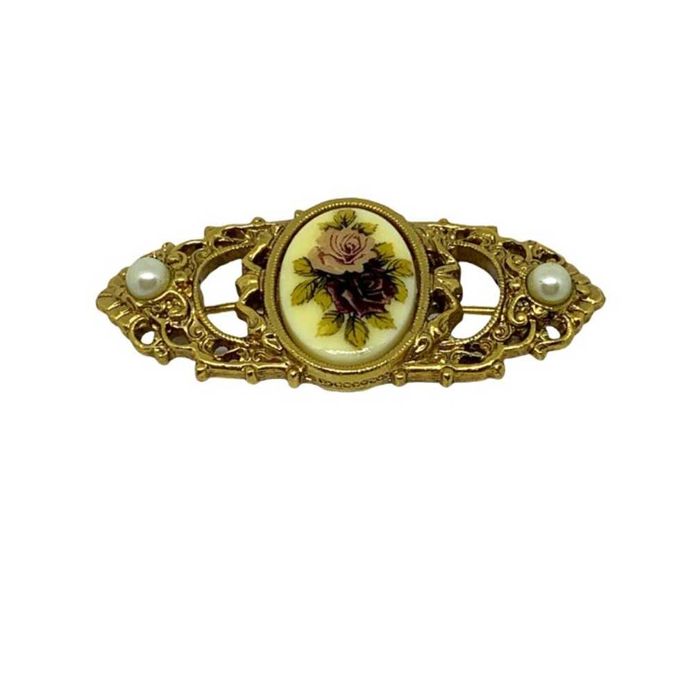 Vintage Filigree Brooch Pearls Cabochon Rose - image 1