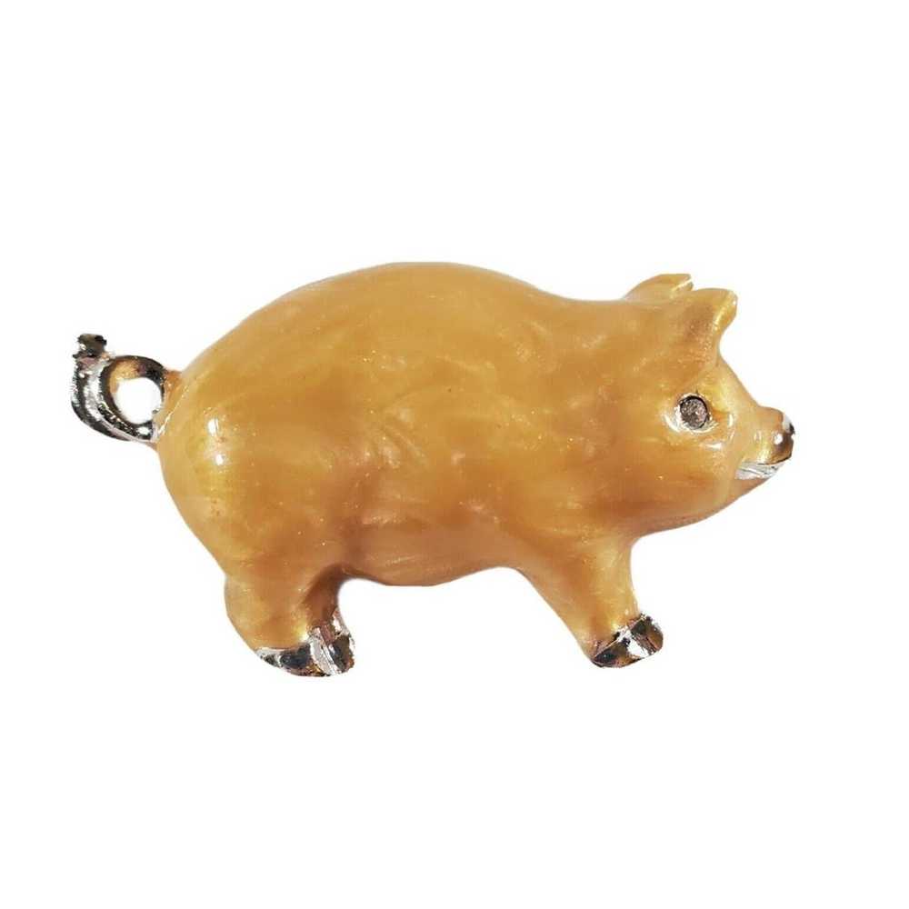 Vintage Enamel Pig Brooch w Crystal Eye - image 1