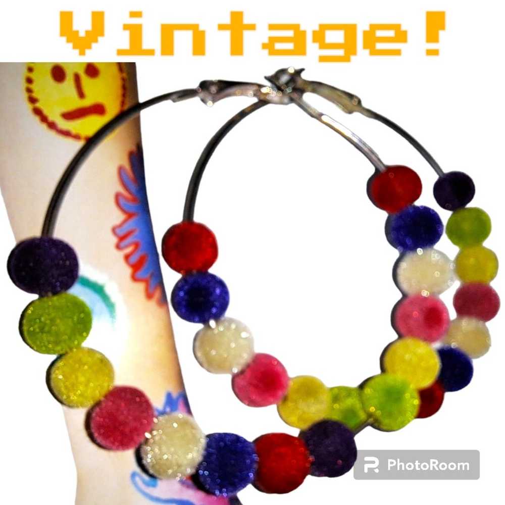 VINTAGE Large 2.5" Unique Hoop Earrings Velvet Po… - image 1