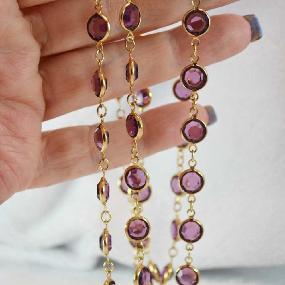 Vintage amethyst gold crystal necklace 36” long w… - image 1