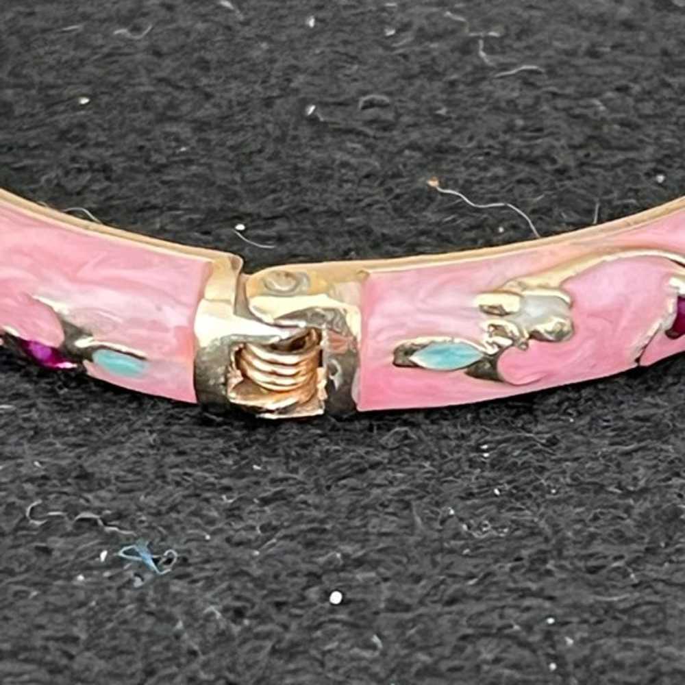 Vintage LI LONG XING Pink Floral Enamel Bangle wi… - image 2