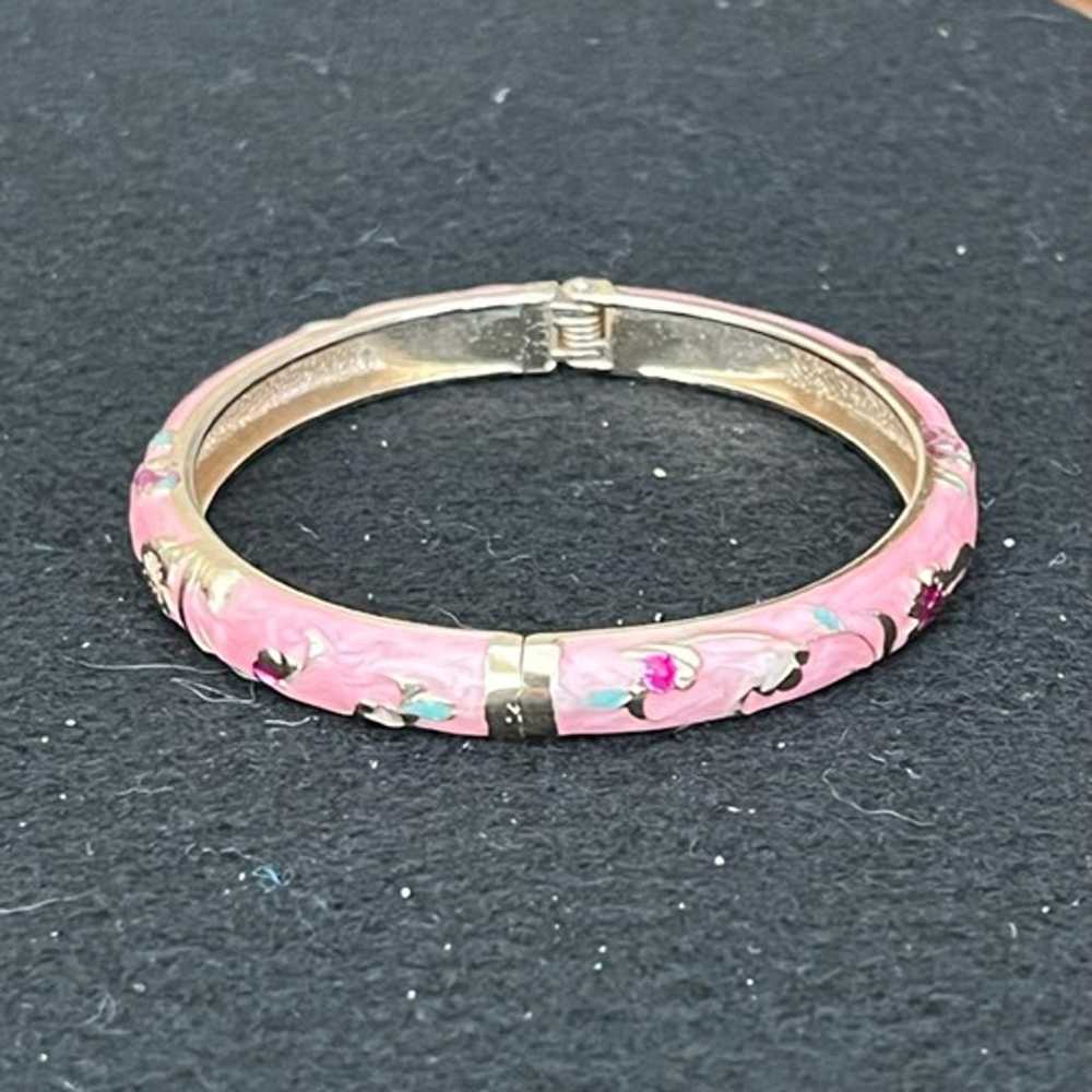 Vintage LI LONG XING Pink Floral Enamel Bangle wi… - image 3