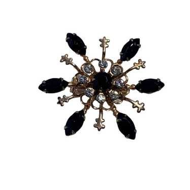 Vintage Gold Tone Floral Brooch Black and Clear R… - image 1