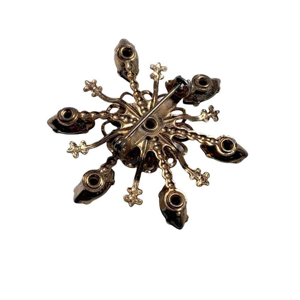 Vintage Gold Tone Floral Brooch Black and Clear R… - image 2