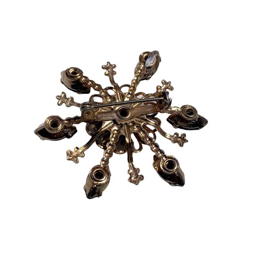 Vintage Gold Tone Floral Brooch Black and Clear R… - image 3