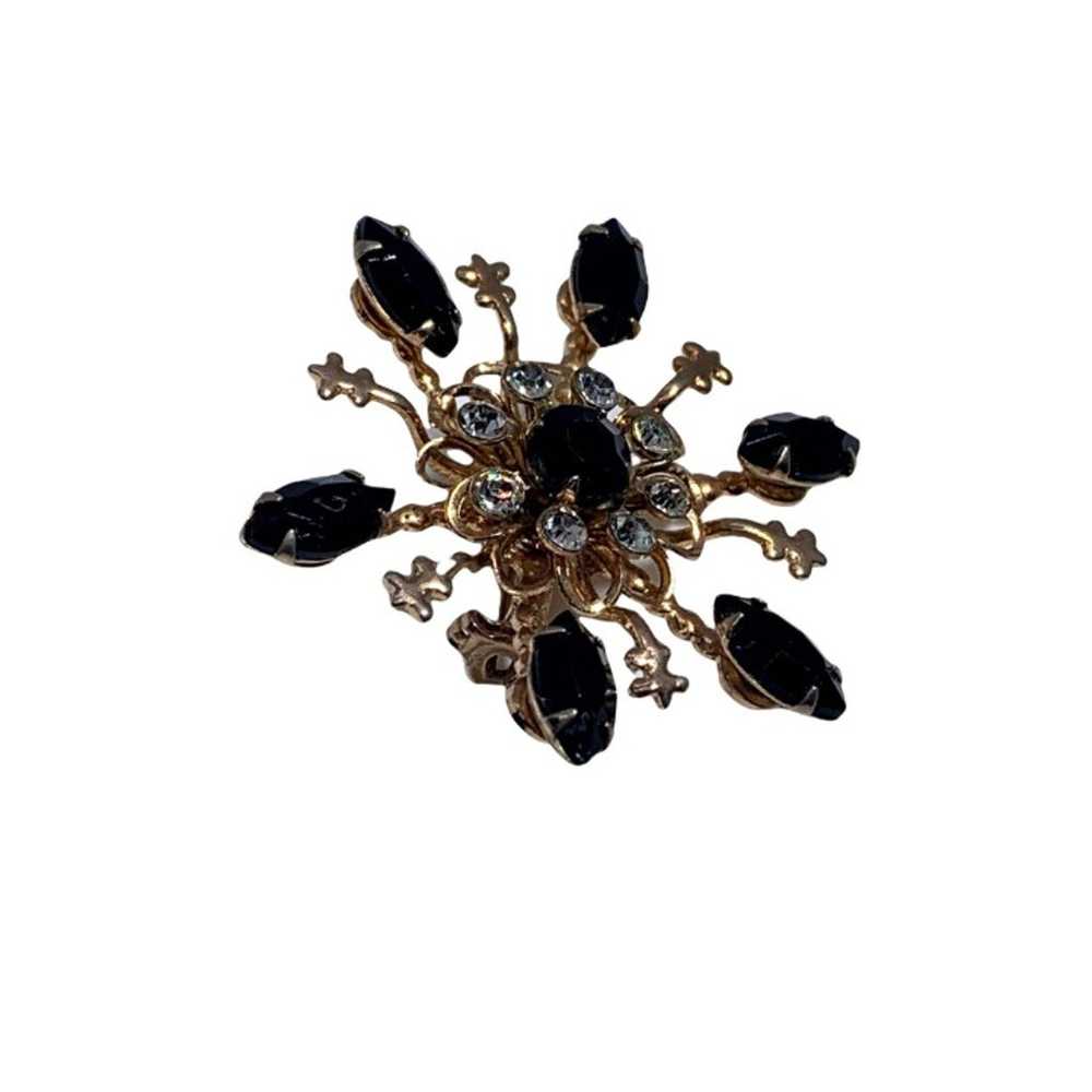 Vintage Gold Tone Floral Brooch Black and Clear R… - image 4
