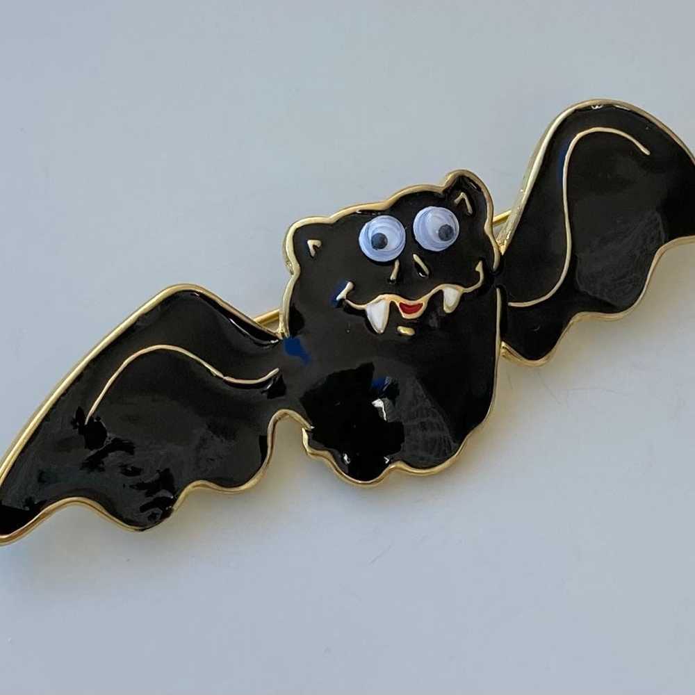 Halloween Bat Brooch Pin Vintage black enamel gol… - image 1