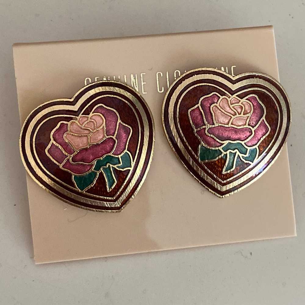 Vintage  Cloisonné Heart Rose Earrings - image 1