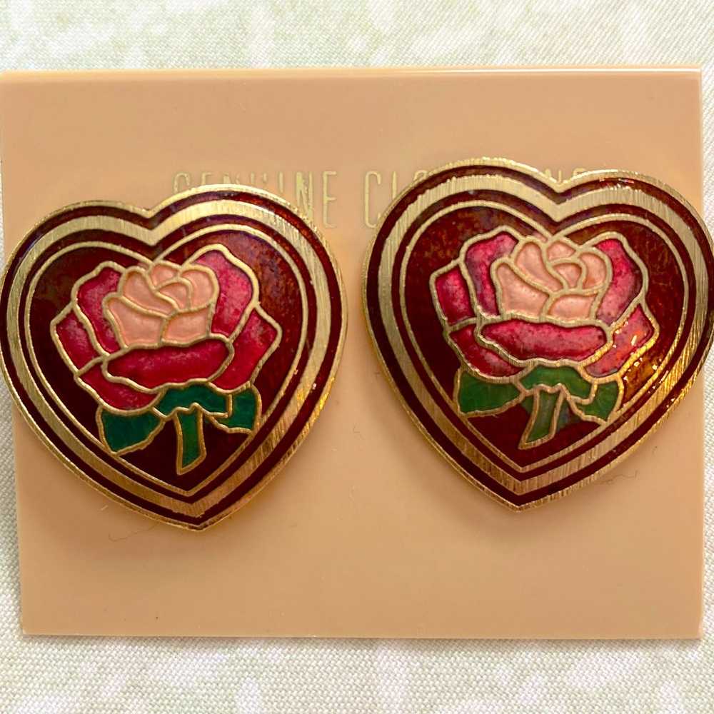 Vintage  Cloisonné Heart Rose Earrings - image 2