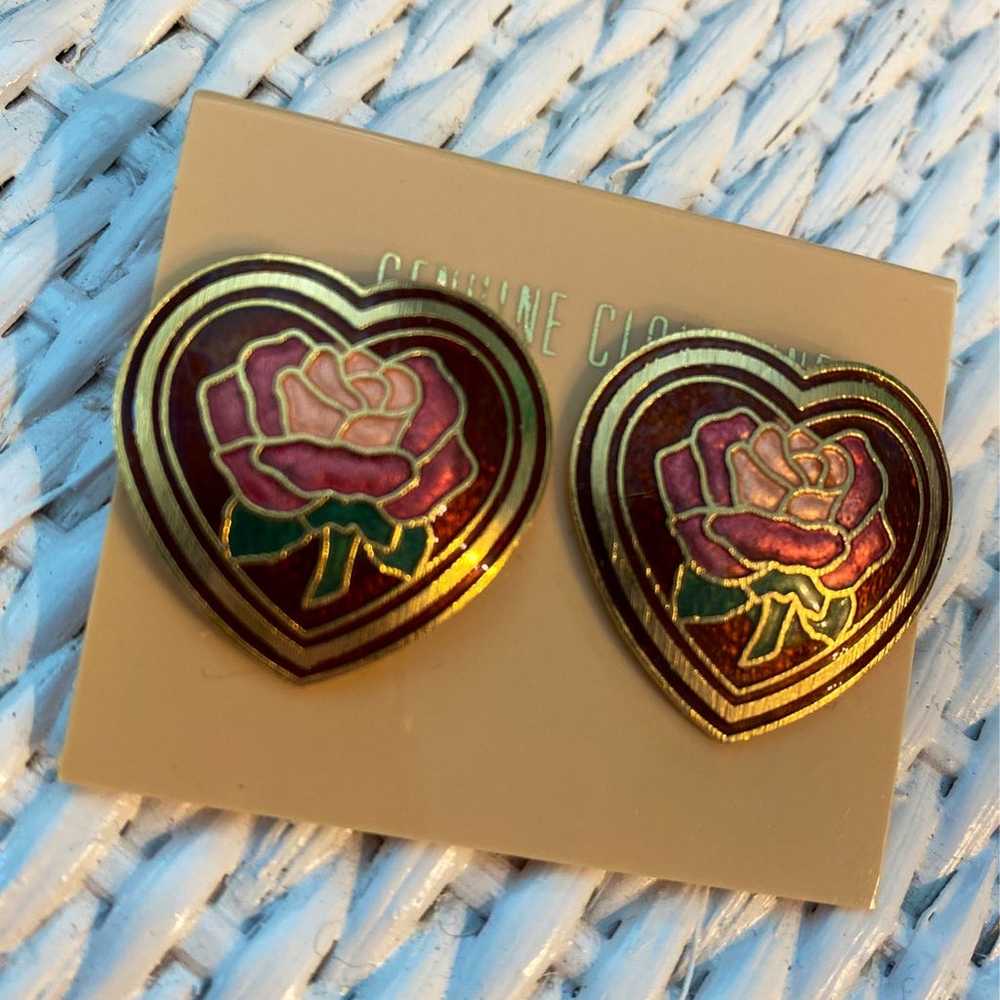 Vintage  Cloisonné Heart Rose Earrings - image 3