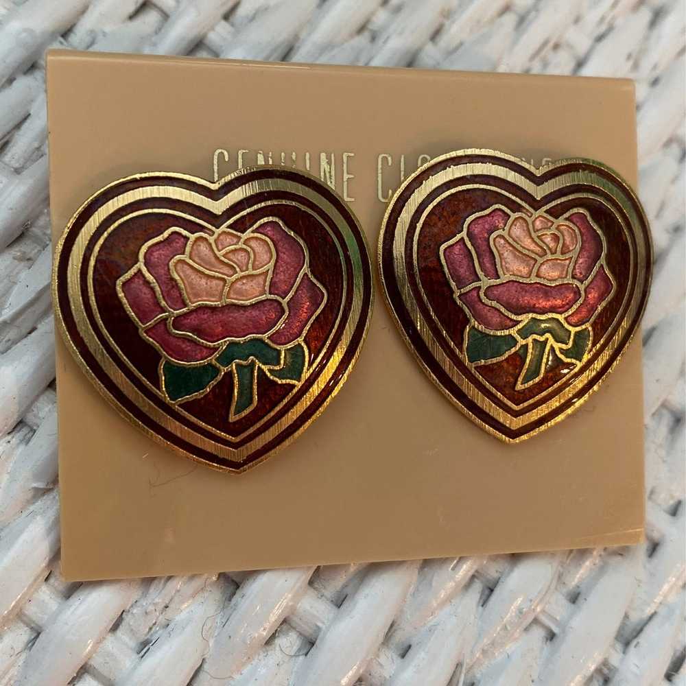 Vintage  Cloisonné Heart Rose Earrings - image 4