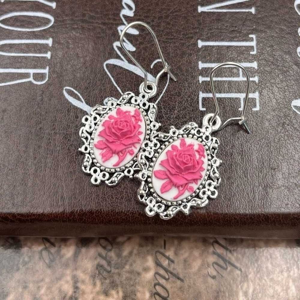 Vintage Pink Floral Cameo Stainless Steel Dangle … - image 1