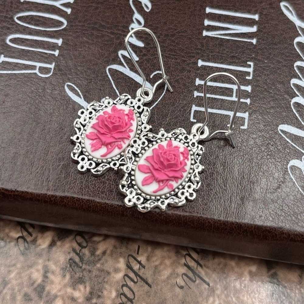 Vintage Pink Floral Cameo Stainless Steel Dangle … - image 2