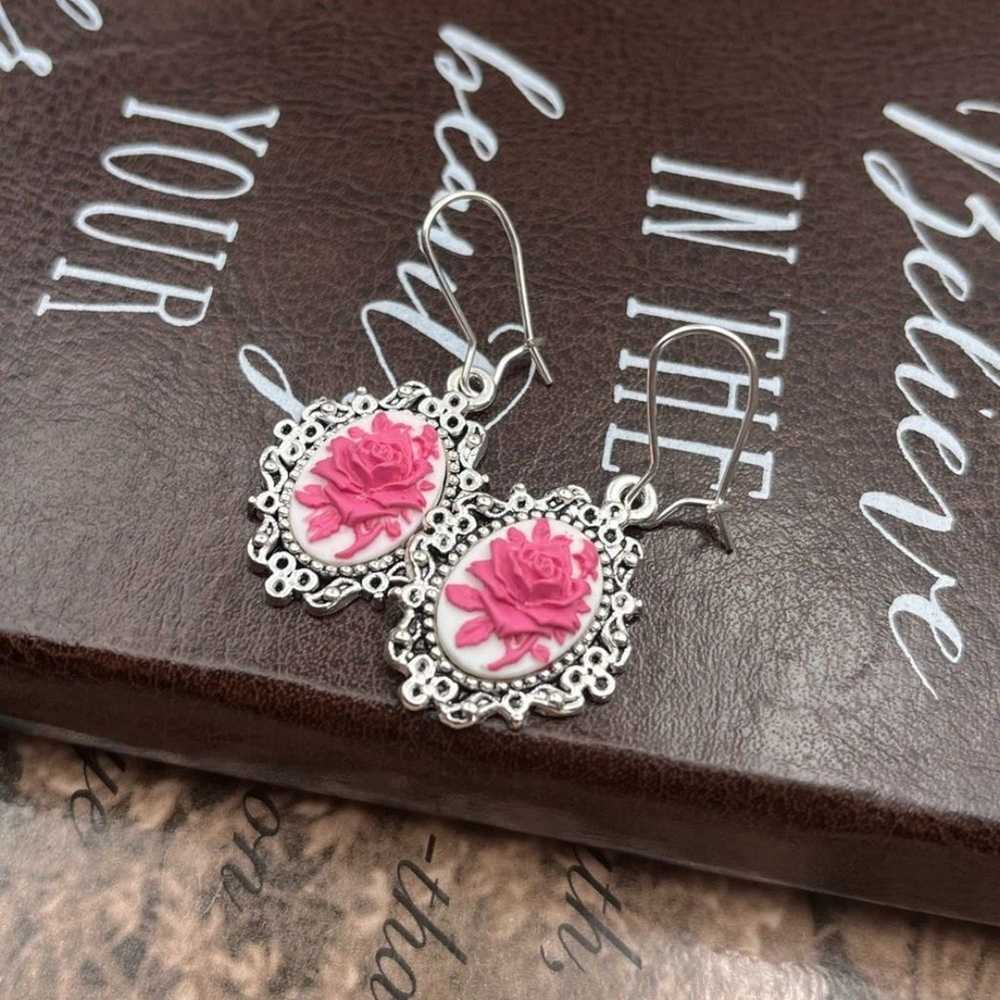 Vintage Pink Floral Cameo Stainless Steel Dangle … - image 3