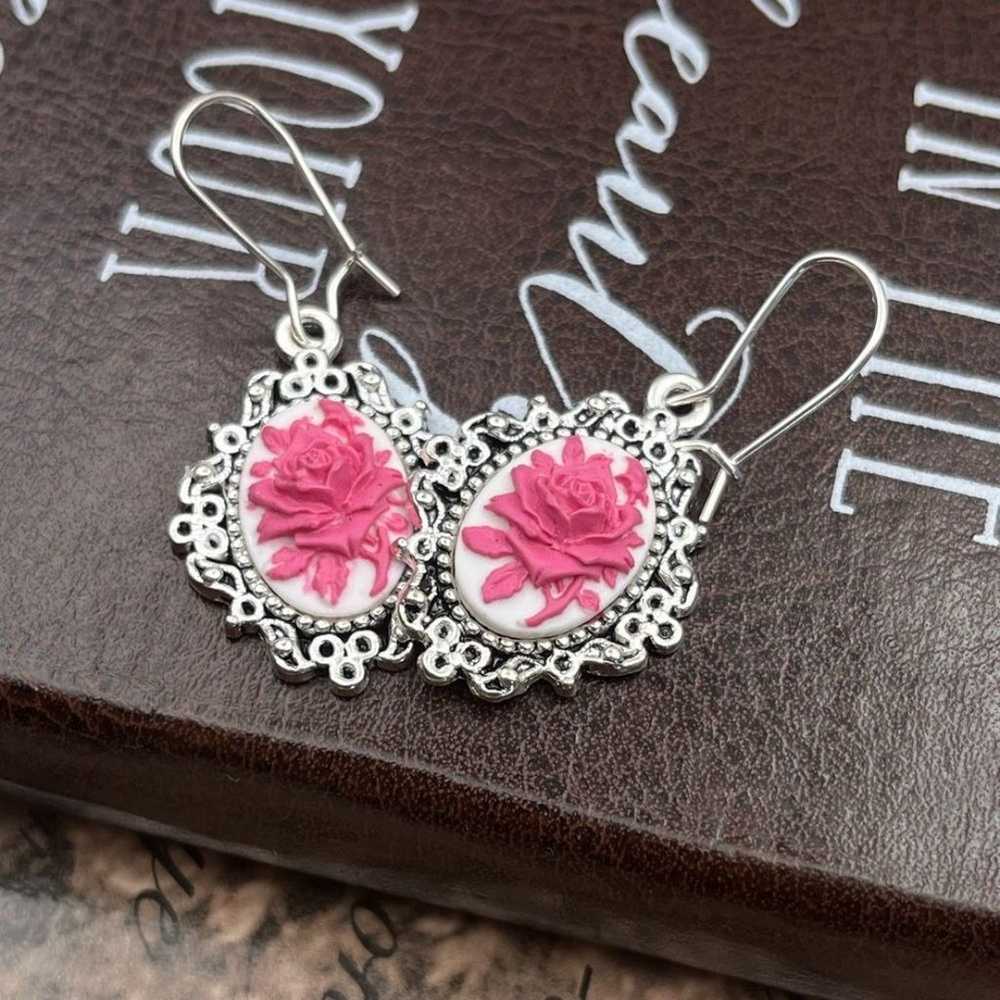 Vintage Pink Floral Cameo Stainless Steel Dangle … - image 4