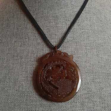 Vintage carved gemstone dragon pendant necklace w… - image 1