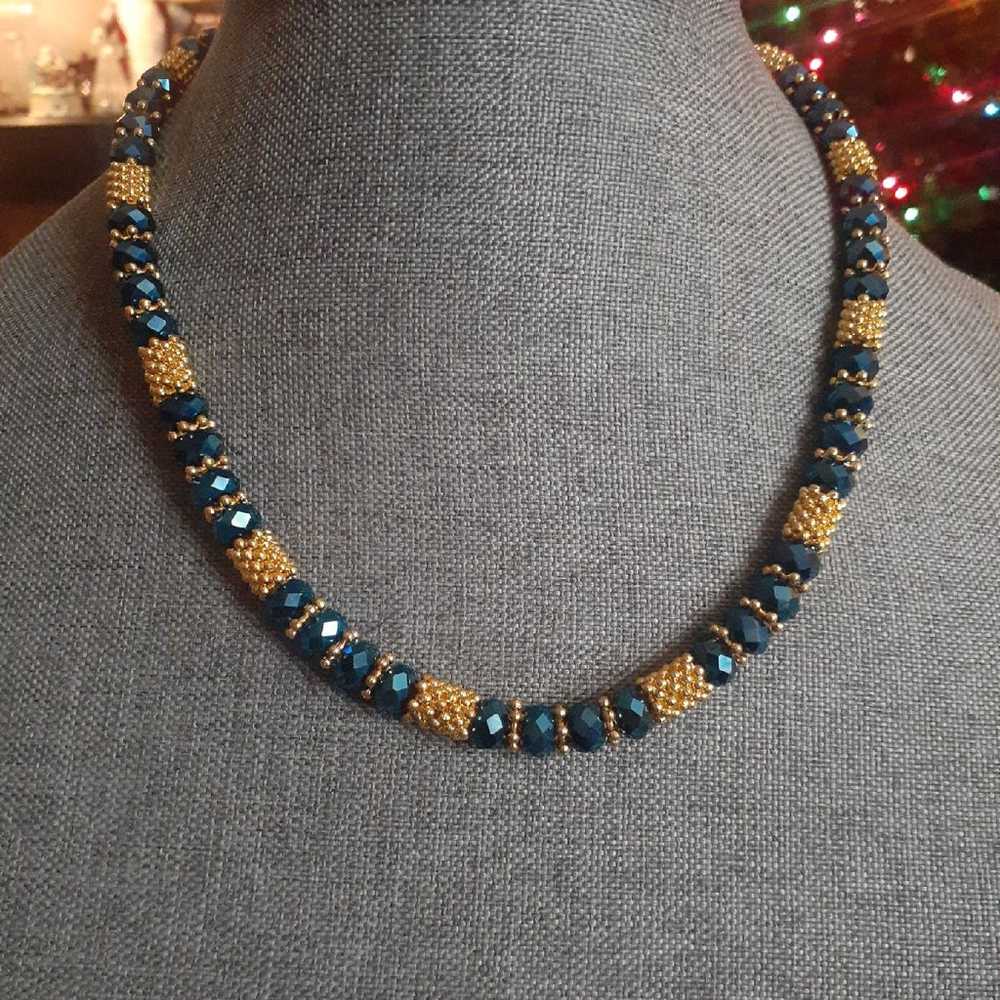 Metallic blue and gold tone metal bead necklace - image 1