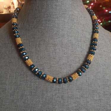 Metallic blue and gold tone metal bead necklace - image 1