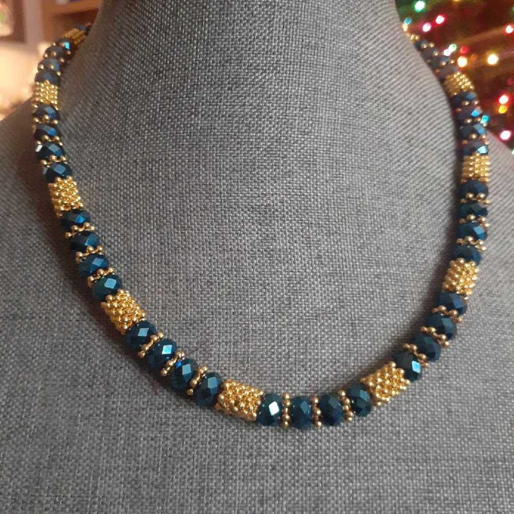 Metallic blue and gold tone metal bead necklace - image 2