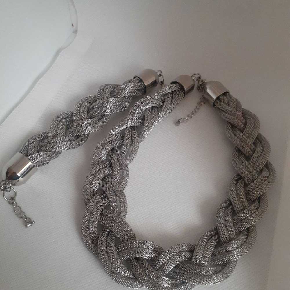 Vintage mesh braided silvertone necklace and Matc… - image 5