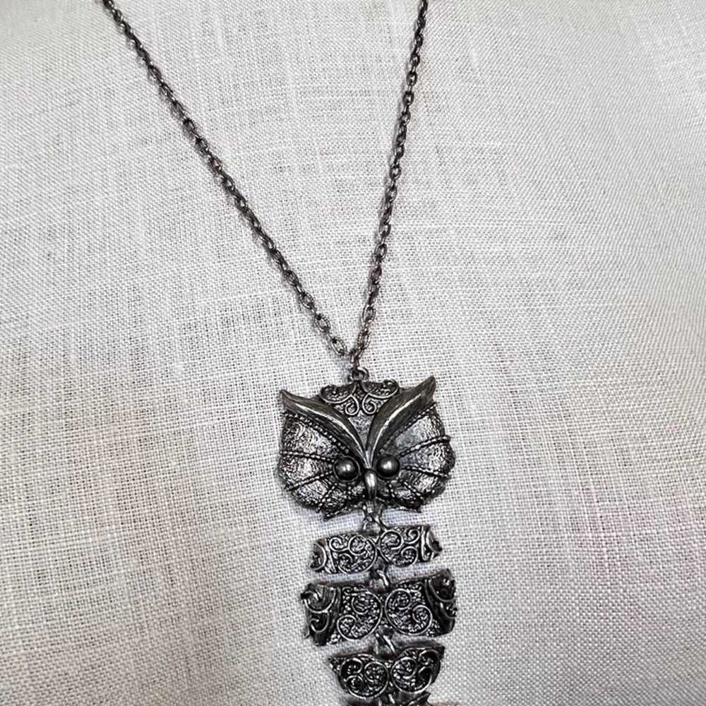 Silver Articulated Owl Large Pendant Necklace Sta… - image 2