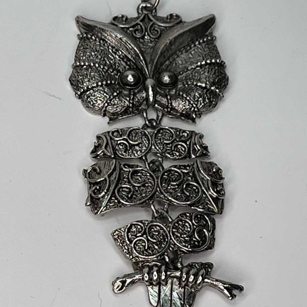 Silver Articulated Owl Large Pendant Necklace Sta… - image 3
