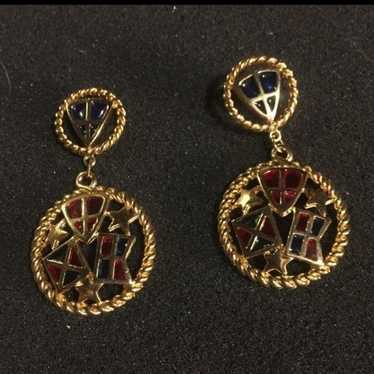 Vintage TRIFARI Gold "Stained Glass" Drop Earring… - image 1
