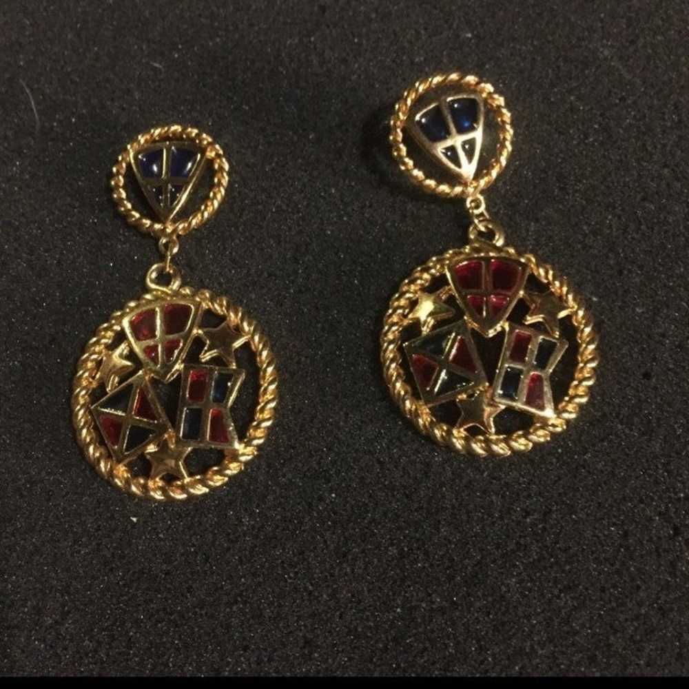 Vintage TRIFARI Gold "Stained Glass" Drop Earring… - image 2
