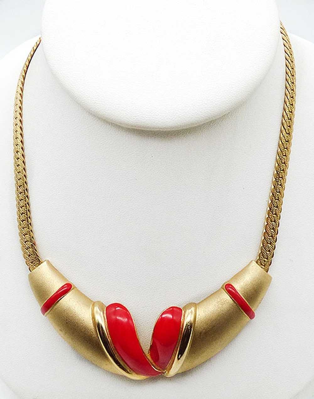Red Enamel Matte Gold Tone Necklace - image 1