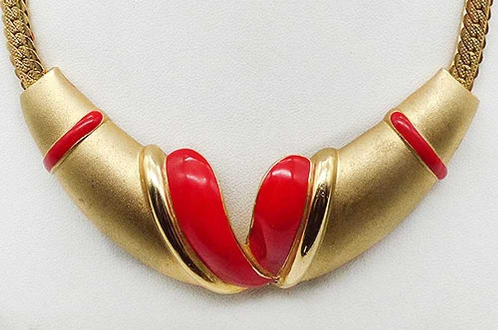 Red Enamel Matte Gold Tone Necklace - image 2