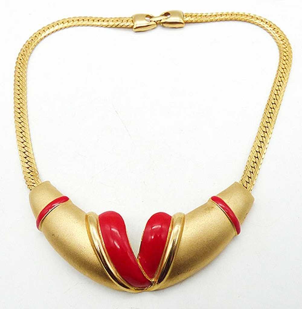 Red Enamel Matte Gold Tone Necklace - image 3
