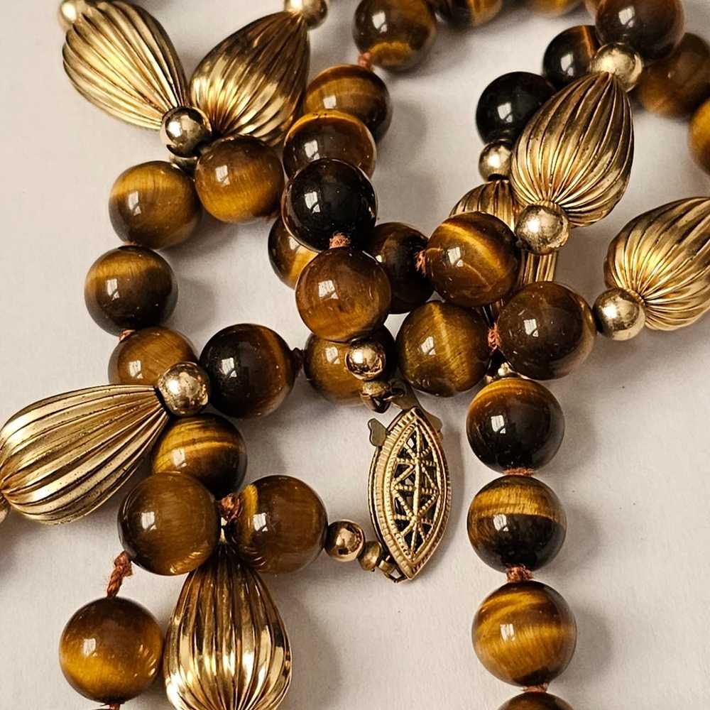 Necklace vintage 26 inch TIGER EYE AND GOLD BEADS… - image 3