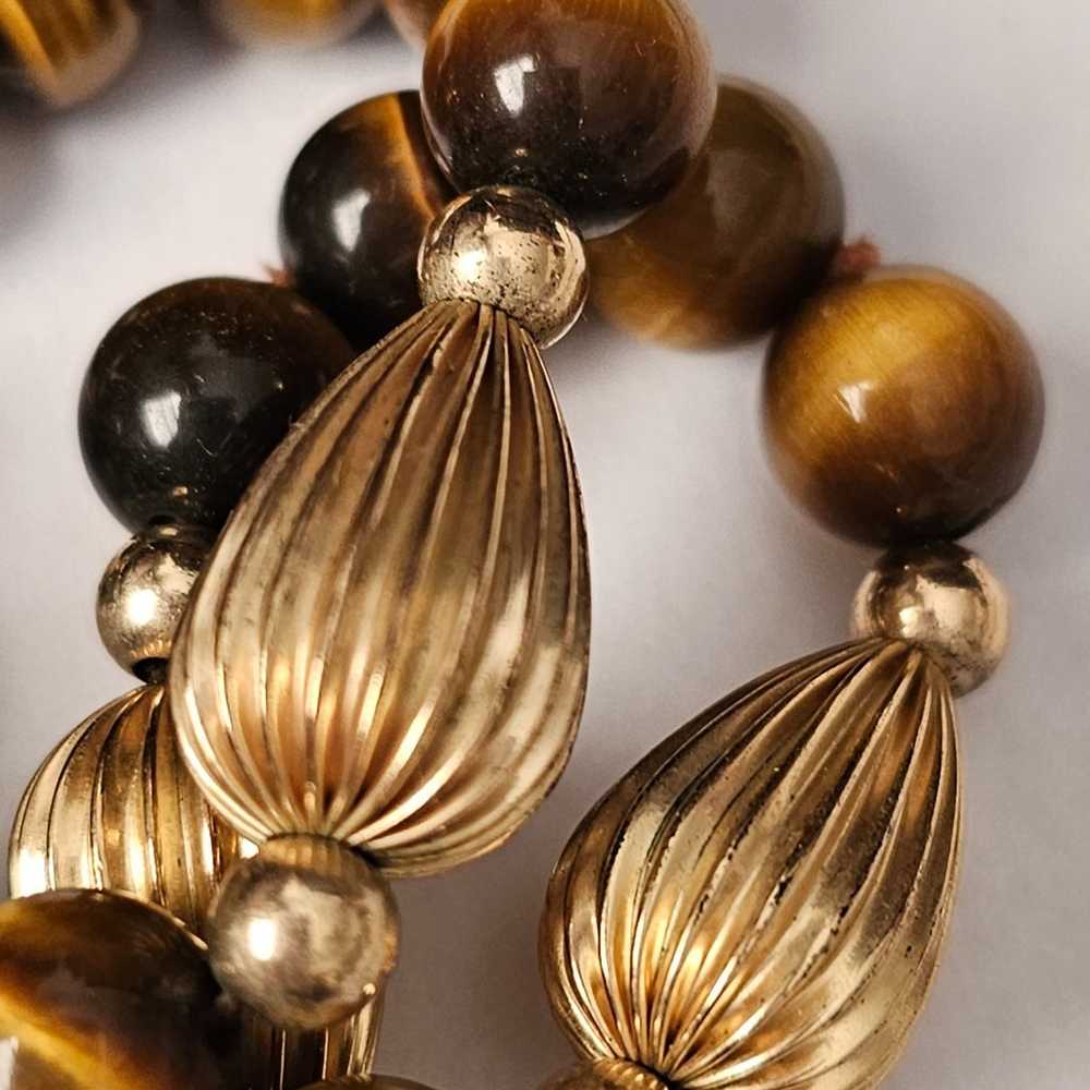 Necklace vintage 26 inch TIGER EYE AND GOLD BEADS… - image 5