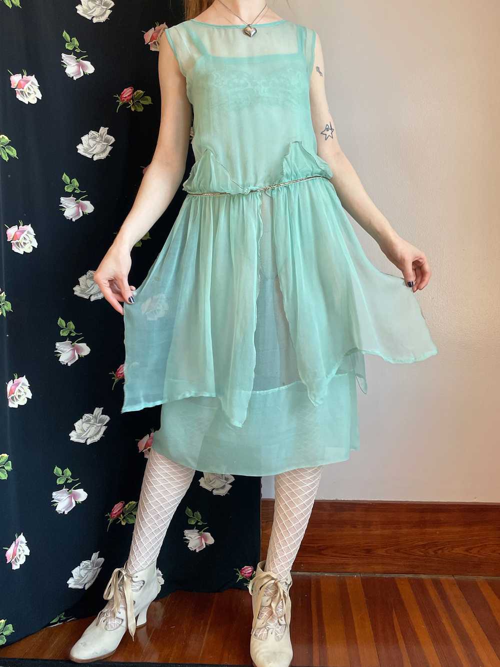 1920s Blue Silk Chiffon Sheer Fairy Dress - Gem