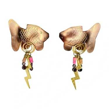 Vintage Gold Tone Fish Earrings with Beaded Dangl… - image 1
