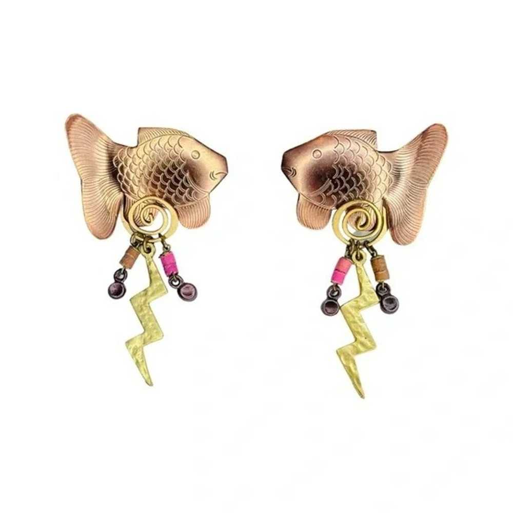 Vintage Gold Tone Fish Earrings with Beaded Dangl… - image 3