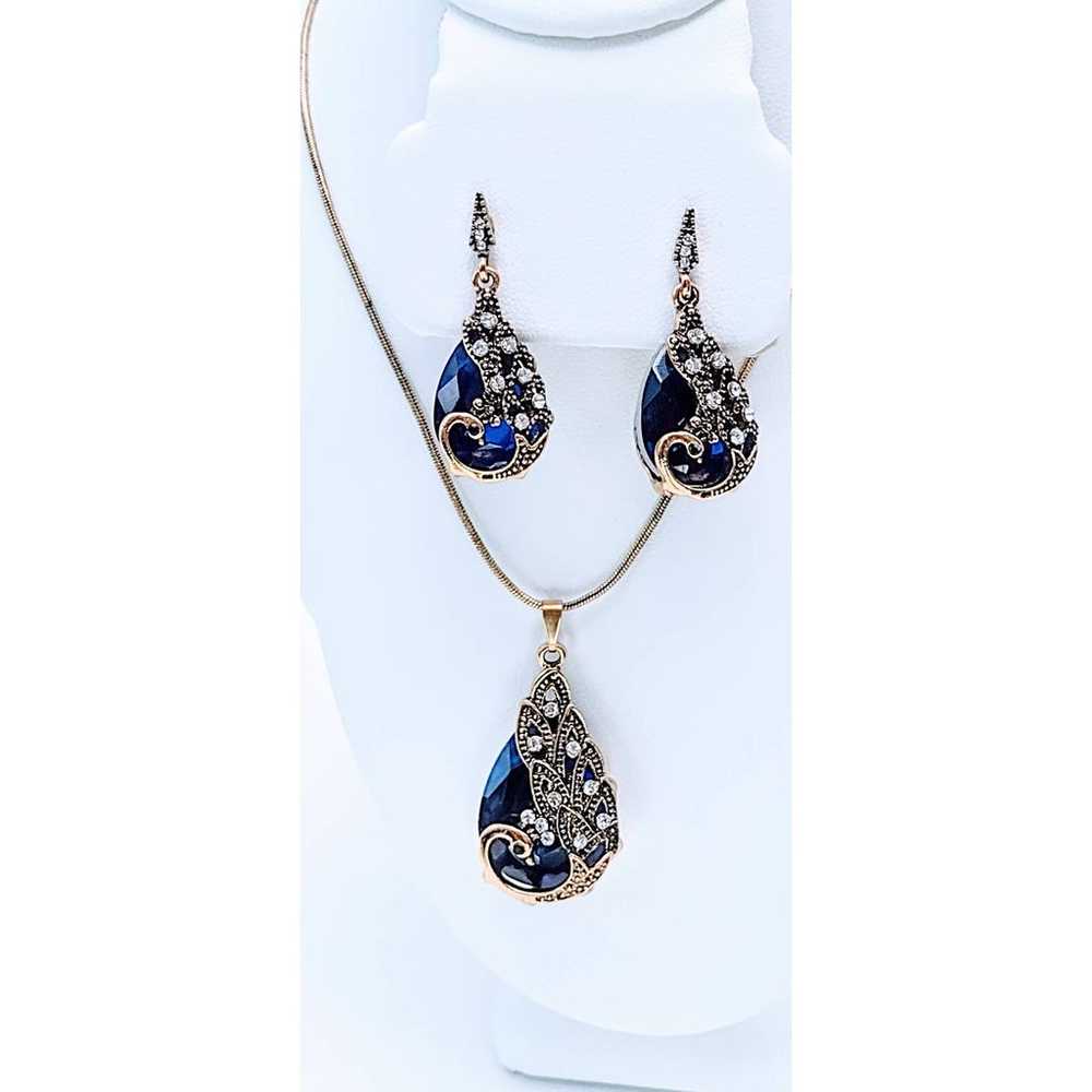 14K Gold Blue Cut Crystal Rhinestone Necklace Ear… - image 10