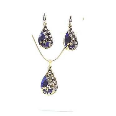 14K Gold Blue Cut Crystal Rhinestone Necklace Ear… - image 1