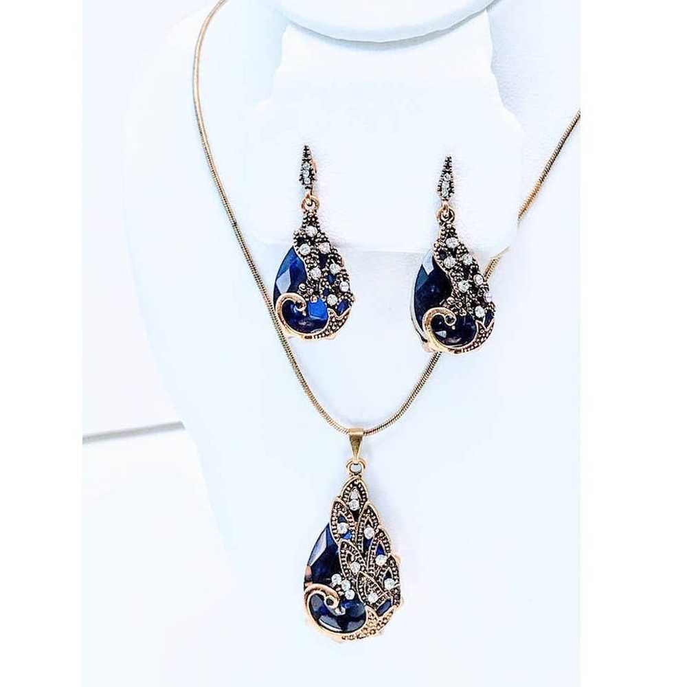 14K Gold Blue Cut Crystal Rhinestone Necklace Ear… - image 2