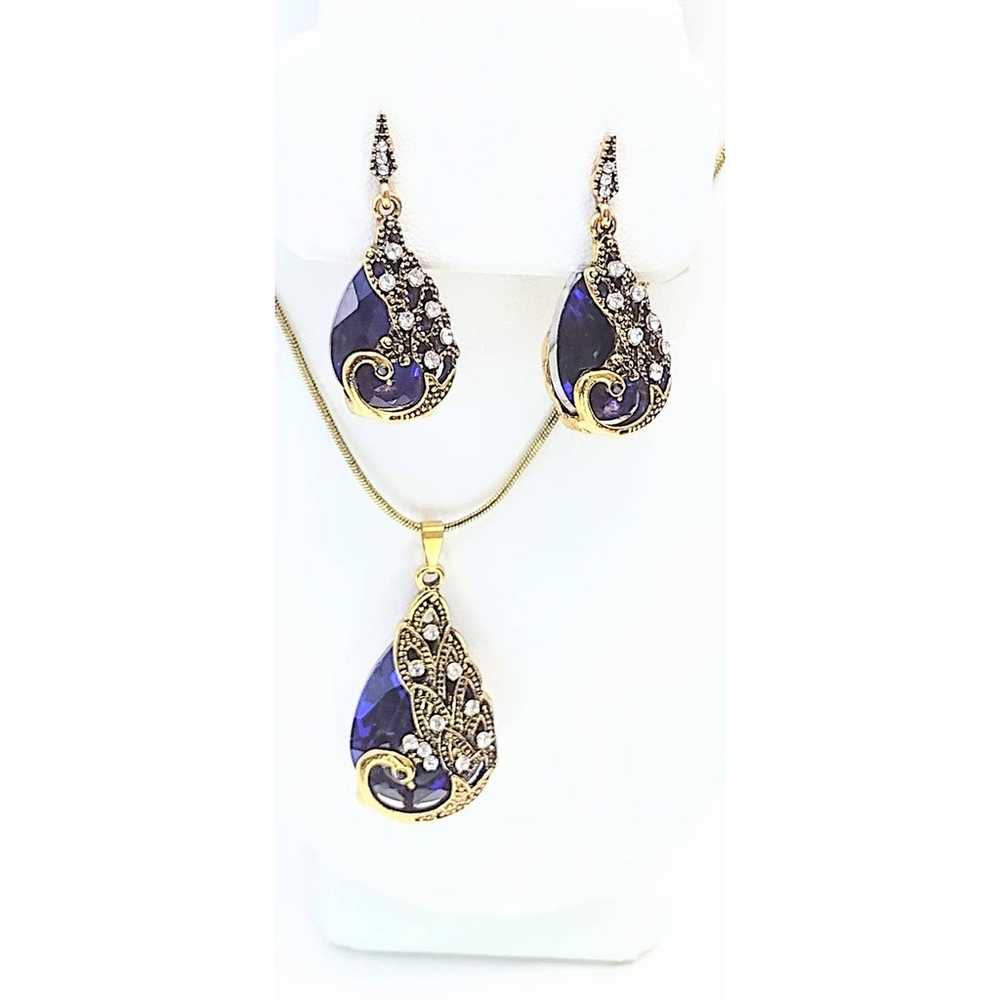 14K Gold Blue Cut Crystal Rhinestone Necklace Ear… - image 3