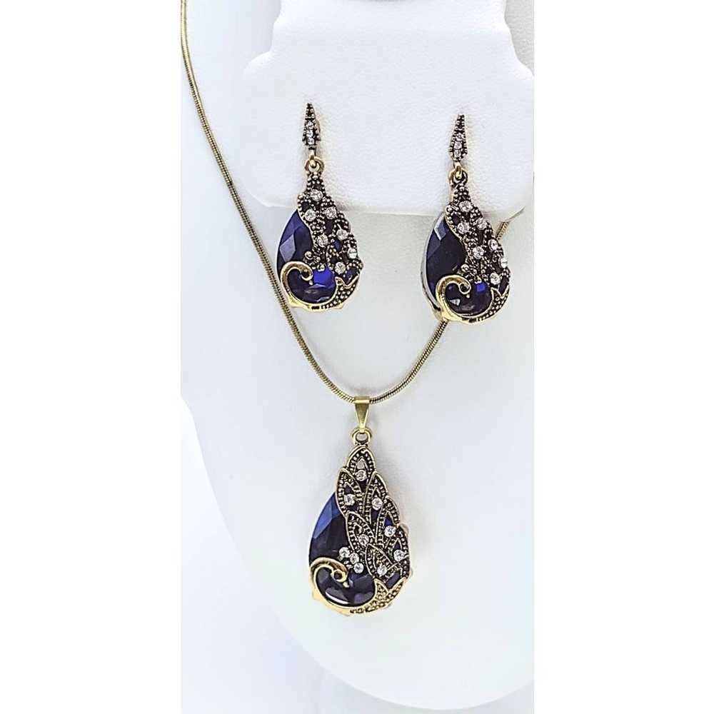 14K Gold Blue Cut Crystal Rhinestone Necklace Ear… - image 5