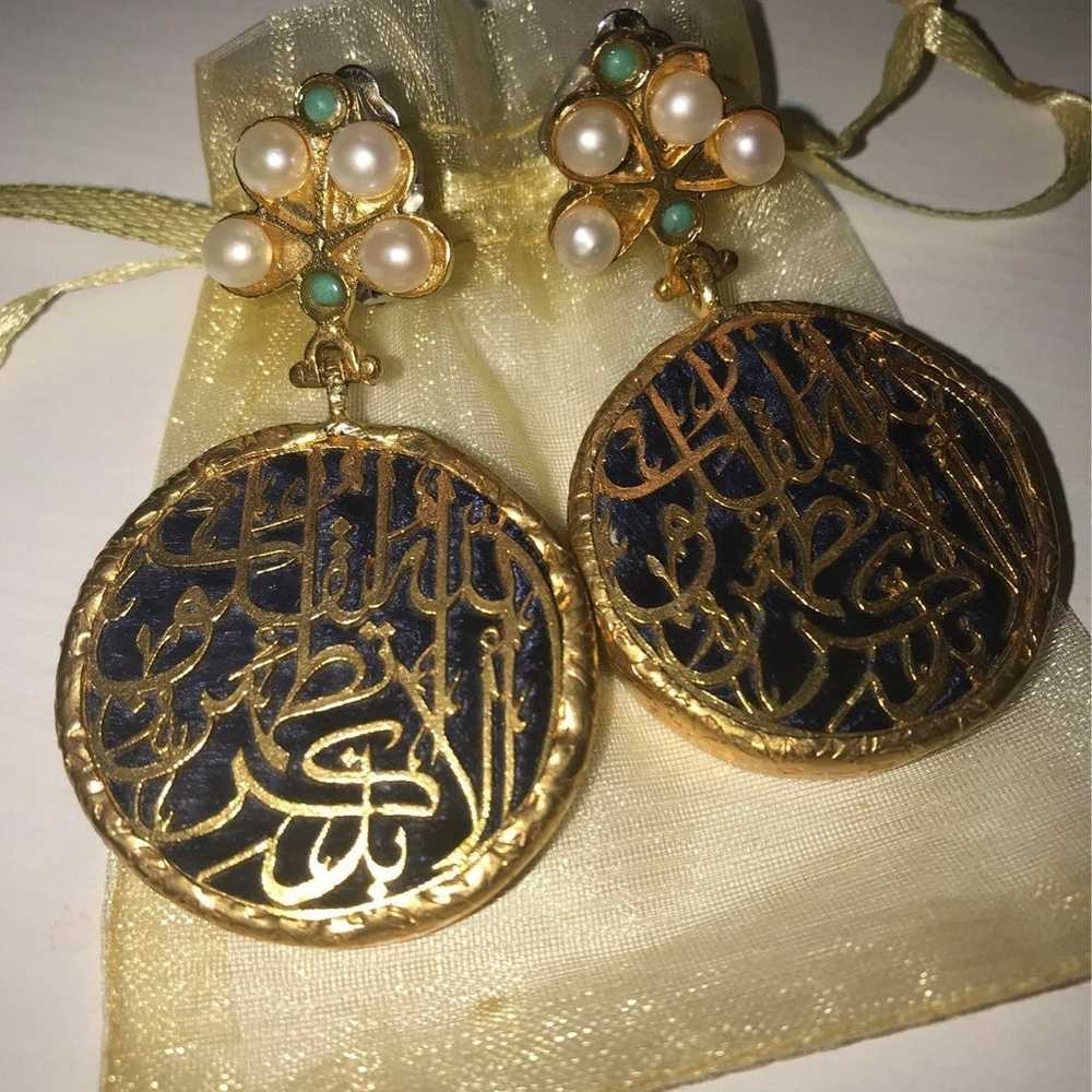 Vintage Arabian Velvet Gold Earrings - image 3