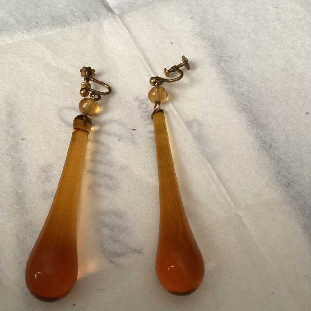 Earrings VINTAGE AMBER GLASS 3 inch - image 2