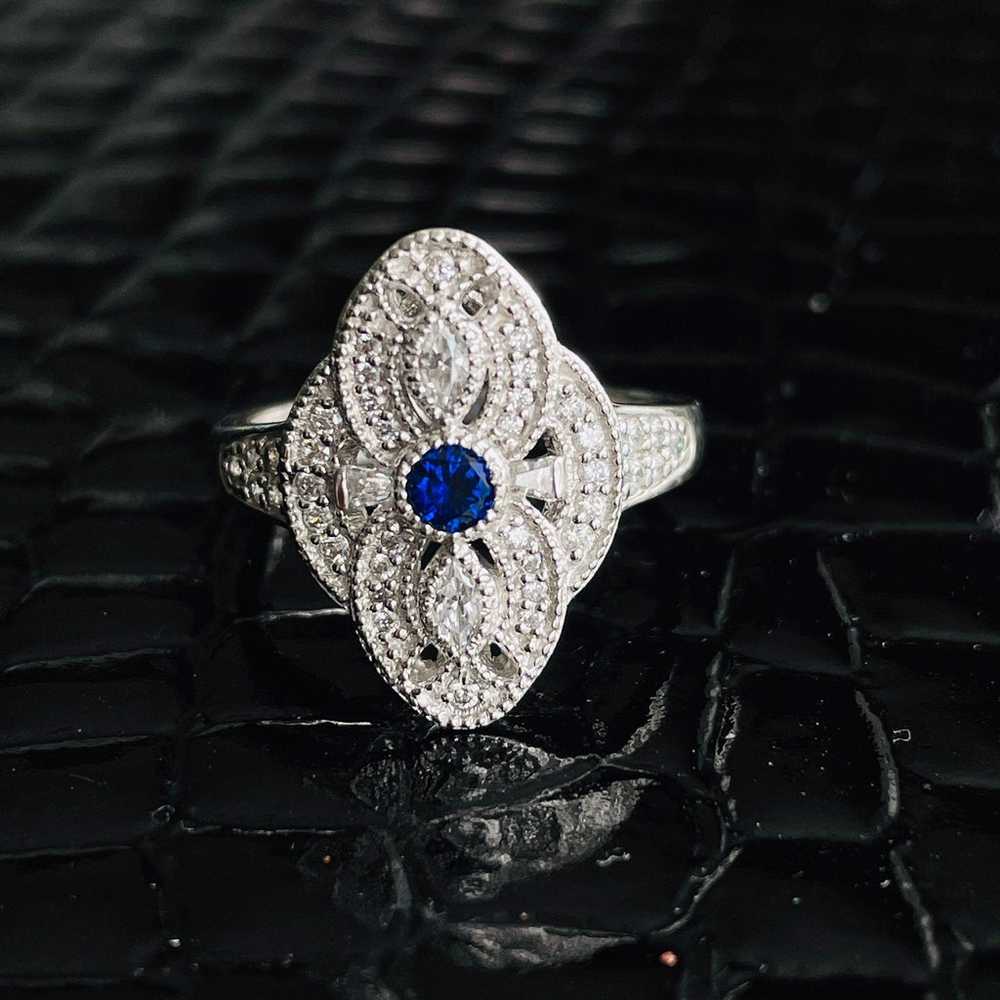 Art Deco Lab Sapphire & CZ Sterling Ring - image 4