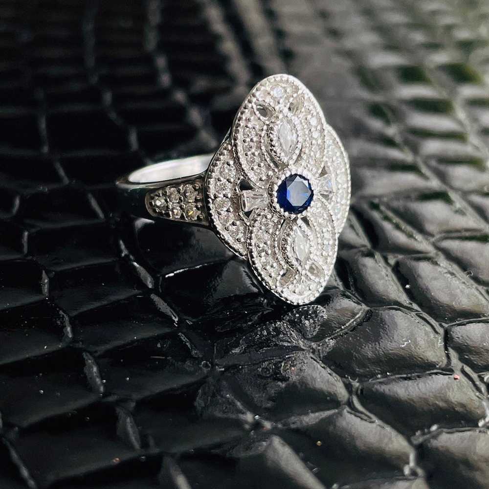 Art Deco Lab Sapphire & CZ Sterling Ring - image 5